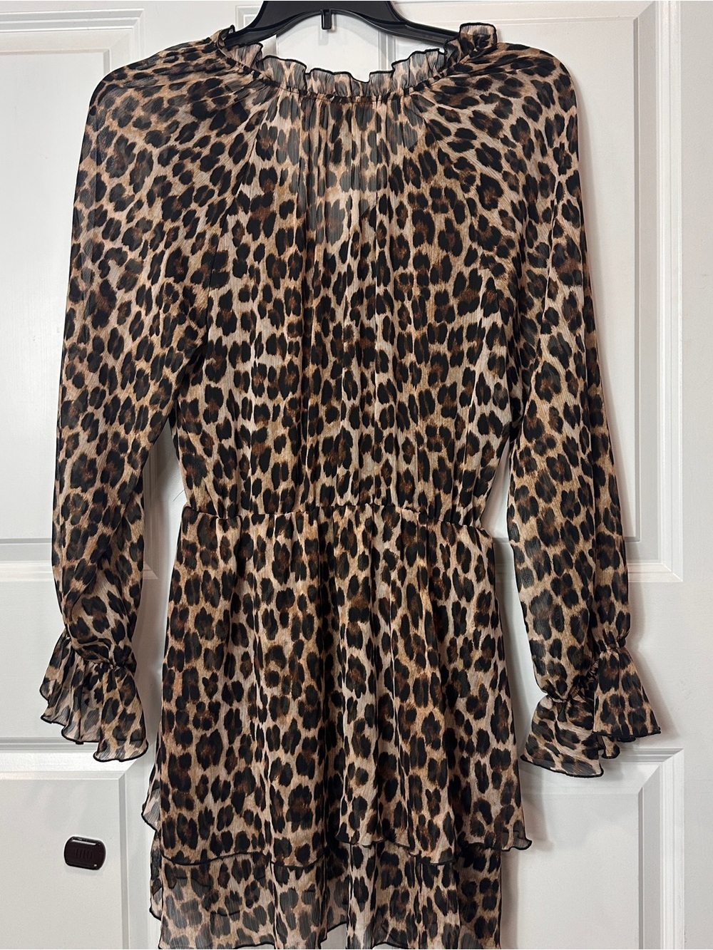 MNG Leopard Print Ruffled Long Sleeve Dress - Brown/Tan/Black - Picture 8 of 12